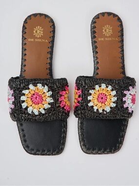 DE SIENA Palm Raffia Sandals Black Slides Slip On Italian Size 38